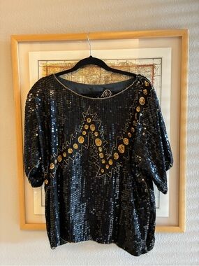 Vintage 80's Sequined Silk Blouse - Black and Gold Abstract